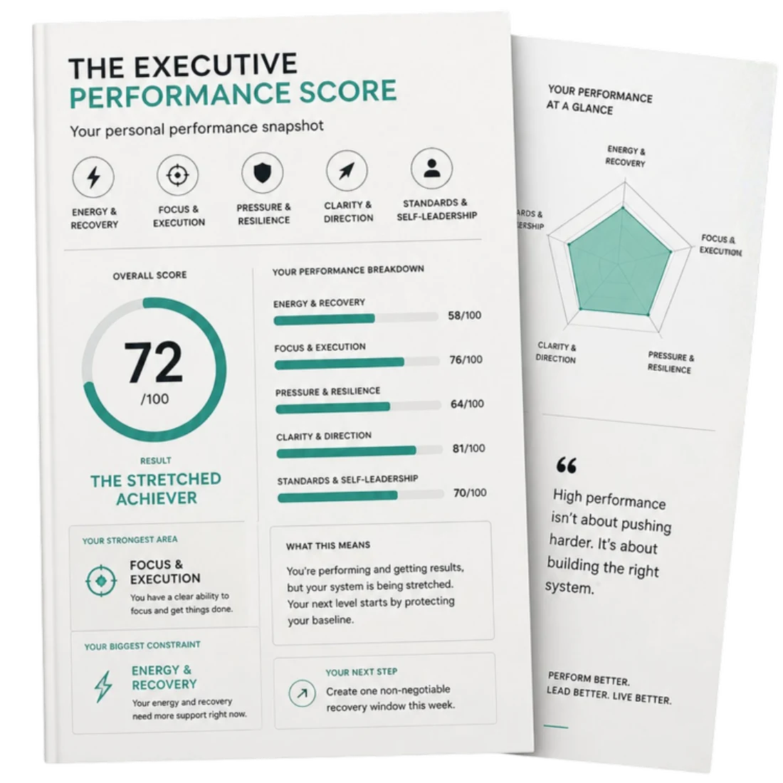 The Executive Performance Score report, showing an overall score, a five-dimension breakdown and a radar chart